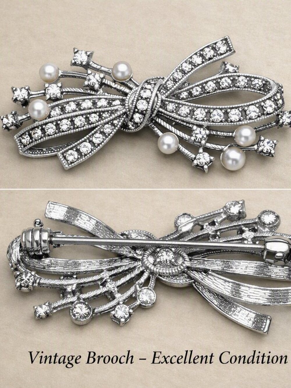 Vintage Rhinestone & Pearl Bow Brooch – Excellent Condition - $210